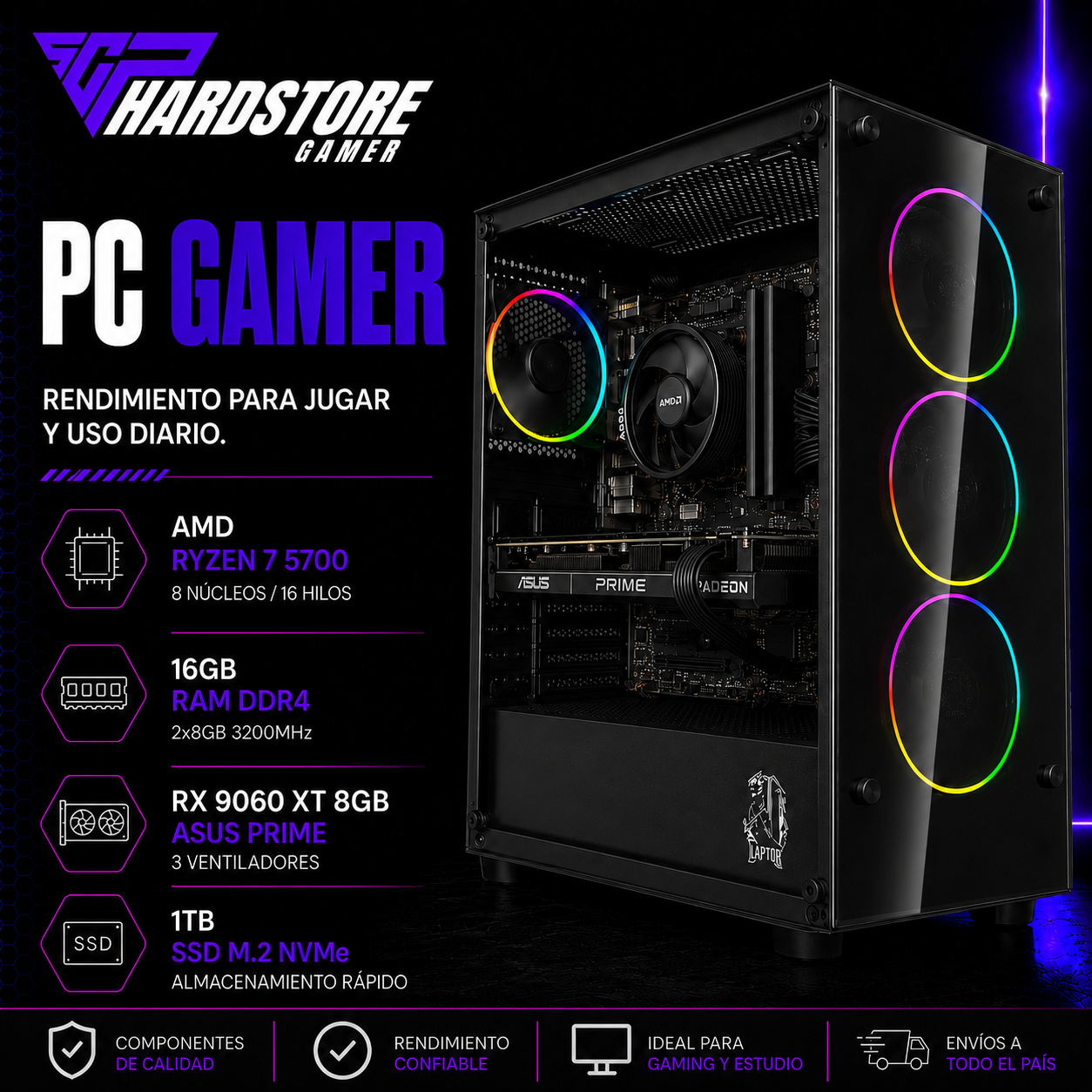 PC Gamer AMD Ryzen 7 5700 16GB 1TB M.2 RX 9060 XT 8GB