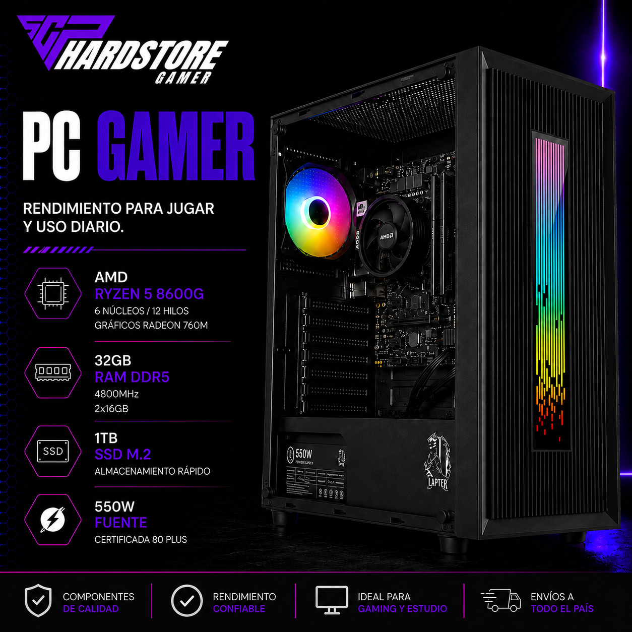 PC Gamer AMD Ryzen 5 8600G 32GB 4800MHz 1TB SSD M.2