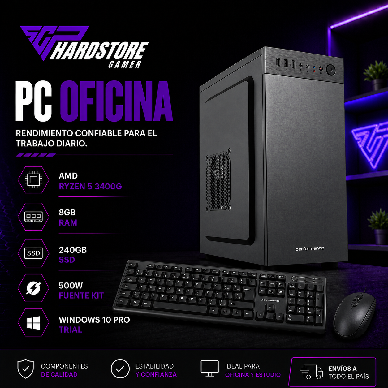 PC Oficina AMD Ryzen 5 3400G 8GB 240GB SSD GAB KIT