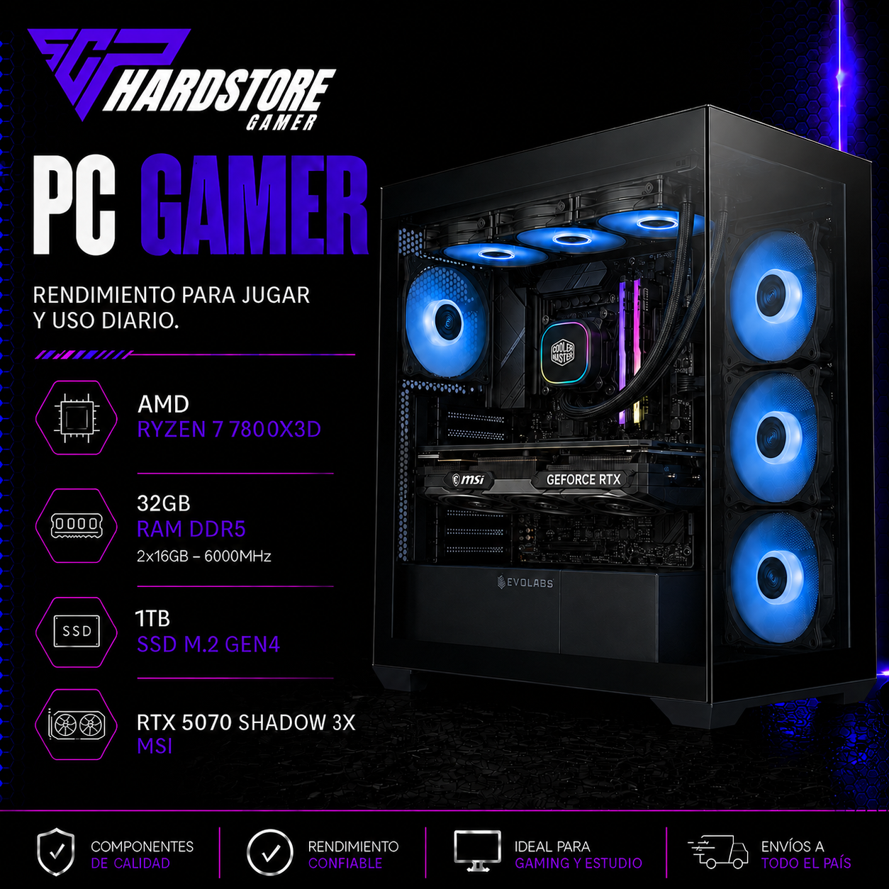PC Gamer AMD Ryzen 7 7800X3D 32GB DDR5 1TB M.2 RTX 5070 12GB