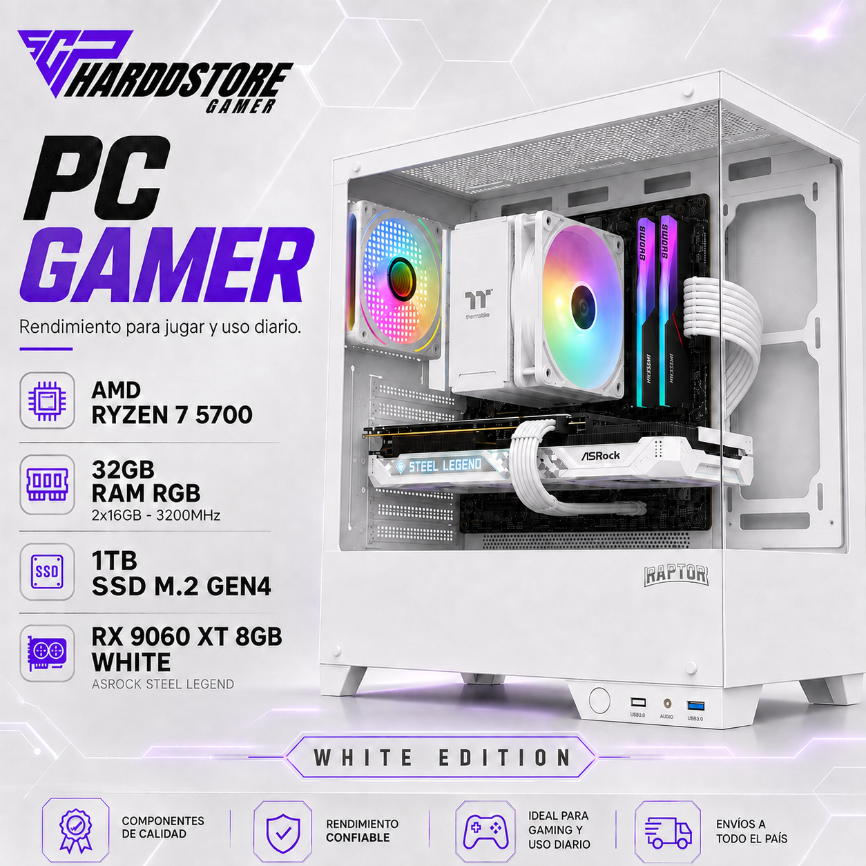 PC GAMER WHITE AMD Ryzen 7 5700 32GB 1TB SSD M.2 RX 9060 XT 8GB WHITE EDITION