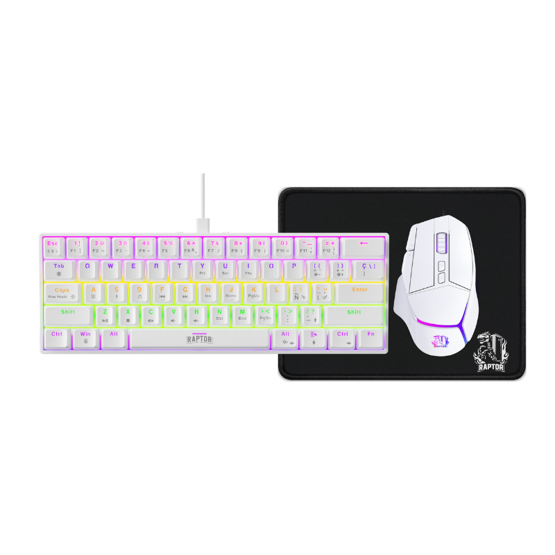 COMBO GAMER RAPTOR TECLADO MECANICO 68 TECLAS WHITE + MOUSE RGB 8000 DPI WHITE + MOUSE PAD S