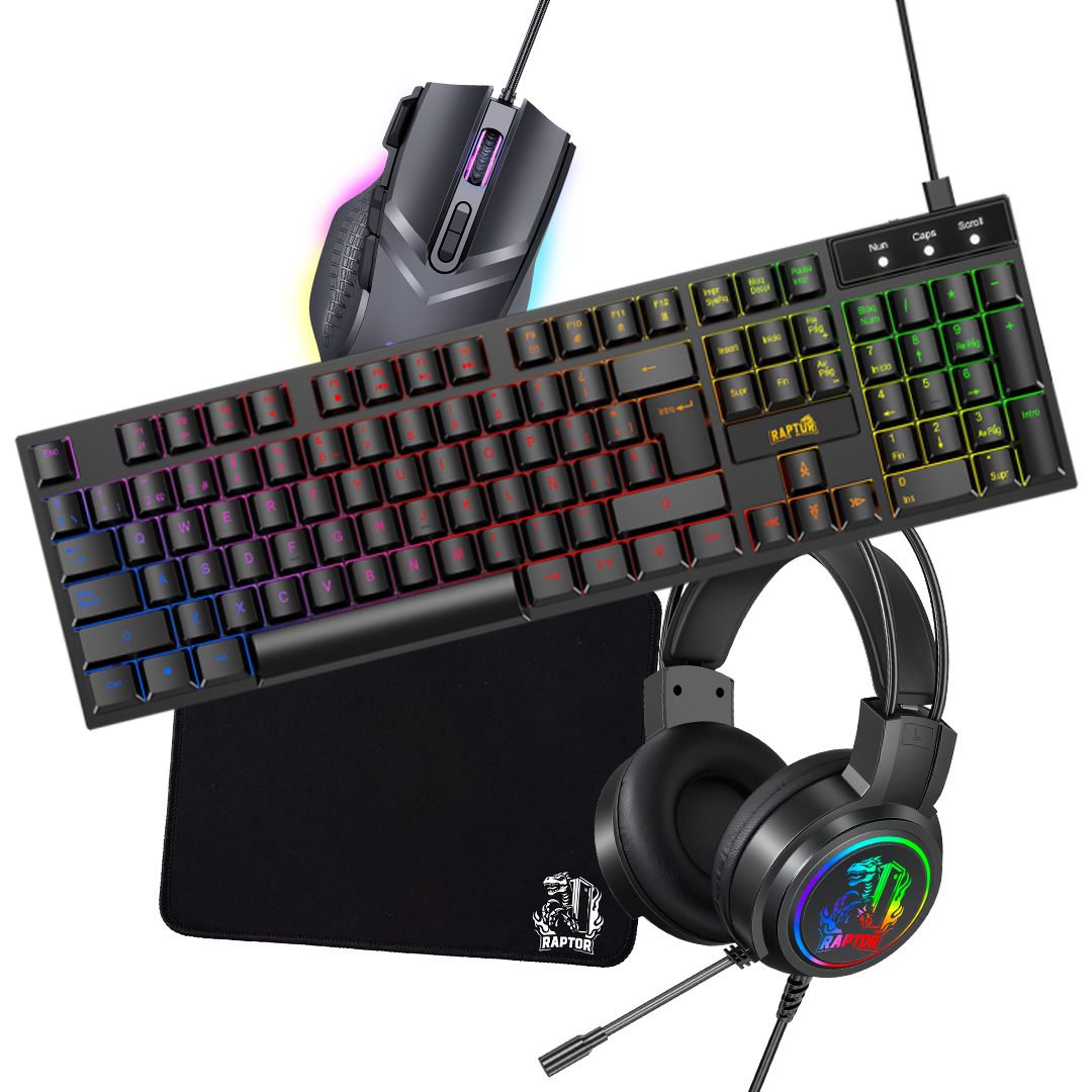 Combo Gamer RAPTOR Teclado Mecanico 104 Teclas + Mouse RTGB 7200 DPI + Mouse Pad S + Auricular 3.5