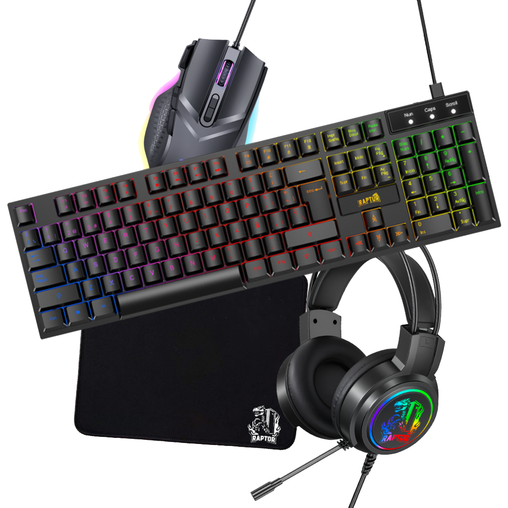 COMBO GAMER RAPTOR TECLADO MECANICO 104 TECLAS + MOUSE RTGB 7200 DPI + MOUSE PAD S + AURICULAR 3.5
