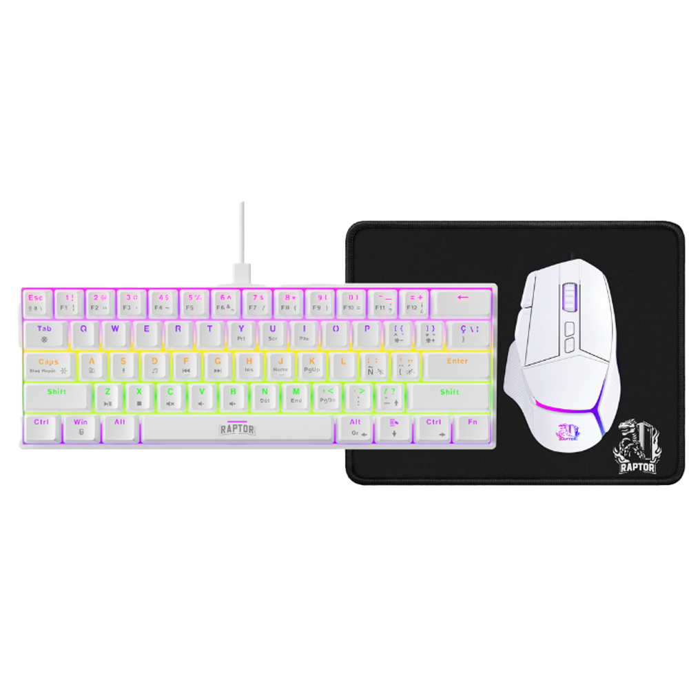 COMBO GAMER RAPTOR TECLADO MECANICO 68 TECLAS WHITE + MOUSE RGB 8000 DPI WHITE + MOUSE PAD S