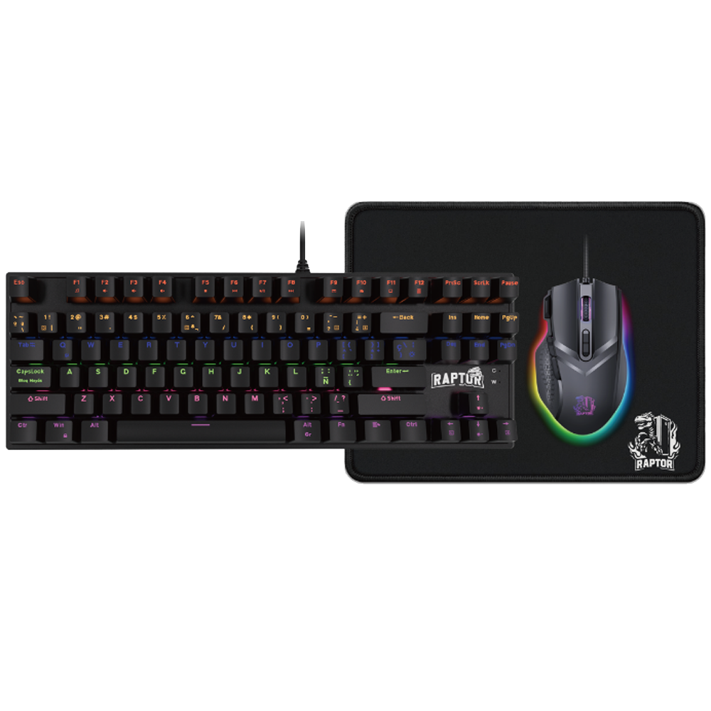 COMBO GAMER RAPTOR TECLADO MECANICO 87 TECLAS + MOUSE RGB 7200 DPI + MOUSE PAD S