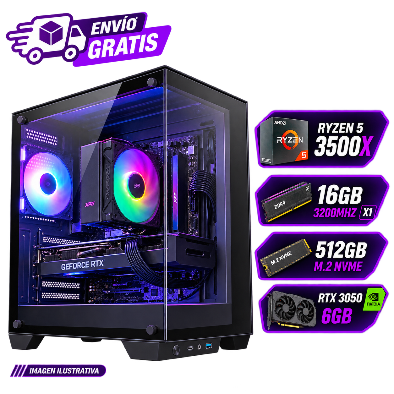 PC GAMER ARMADA RYZEN 5 3500X + RTX 3050 6GB  16GB RAM  SSD NVME 512GB  WINDOWS 11 PRO