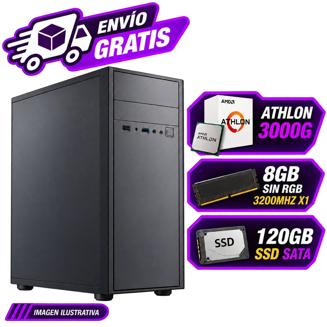 PC OFICINA/HOGAR ARMADA ATHLON 3000G  8GB RAM  SSD 120GB  WINDOWS 10 PRO