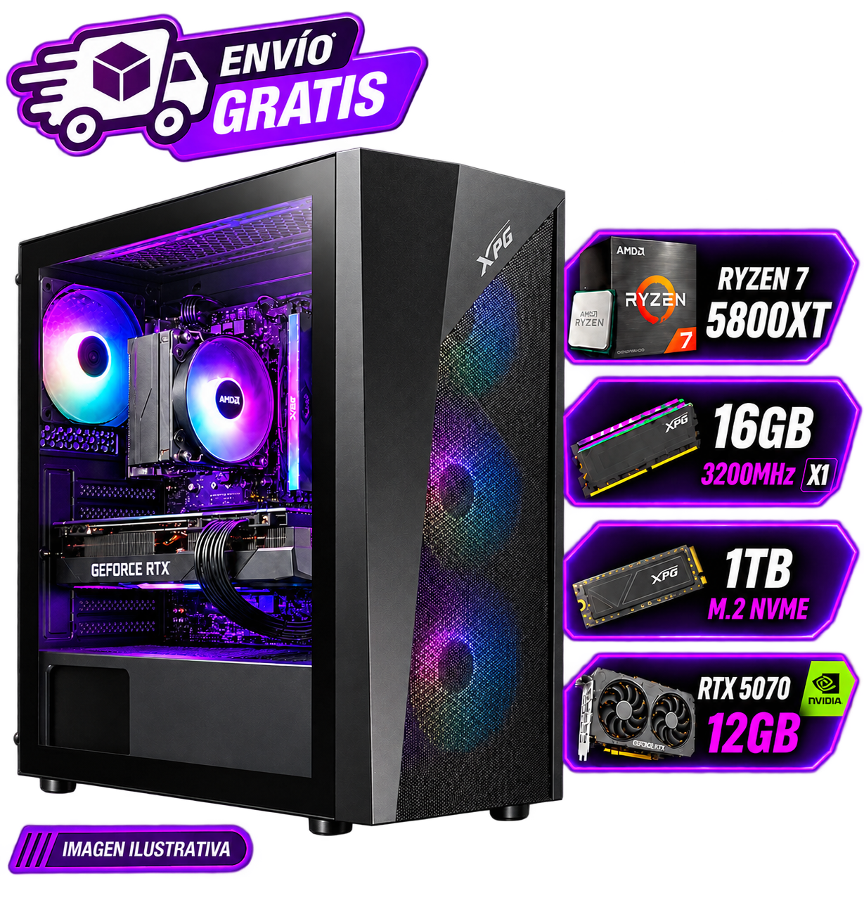 PC GAMER ARMADA RYZEN 7 5800XT + RTX 5070 12GB  16GB RAM  SSD NVME 1TB  WINDOWS 11 PRO
