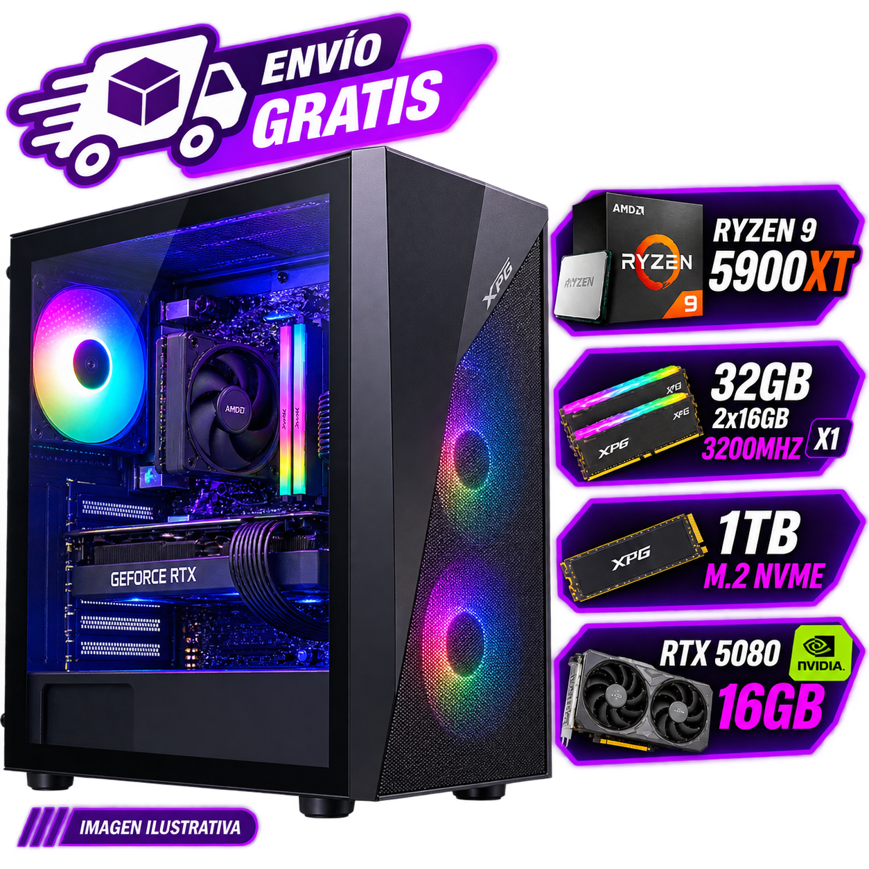 PC PRO ARMADA RYZEN 9 5900XT + RTX 5080 16GB  32GB RAM  SSD NVME 1TB  WINDOWS