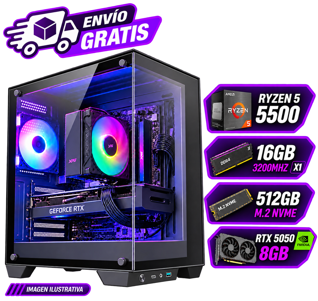 PC GAMER ARMADA RYZEN 5 5500 + RTX 5050 8GB  16GB RAM  SSD NVME 512GB  WINDOWS 11 PRO