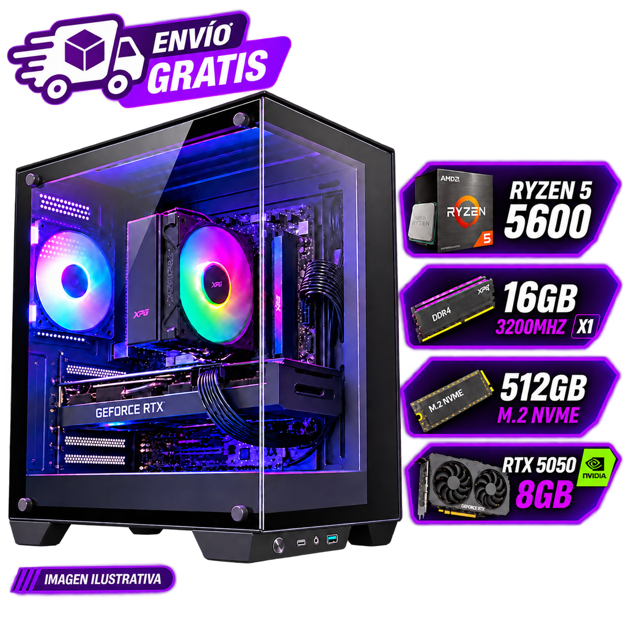 PC GAMER ARMADA RYZEN 5 5600 + RTX 5050 8GB  16GB RAM  SSD NVME 512GB  WINDOWS 11 PRO