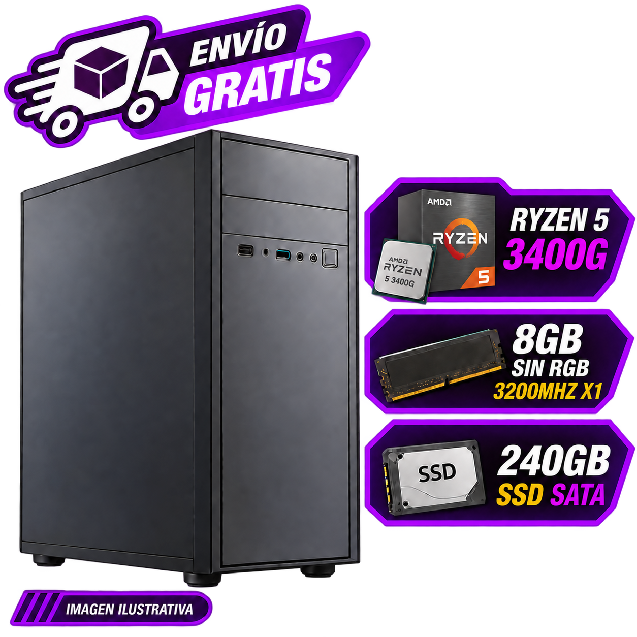 PC OFICINA/HOGAR ARMADA RYZEN 5 3400G  8GB RAM  SSD 240GB  WINDOWS 10 PRO