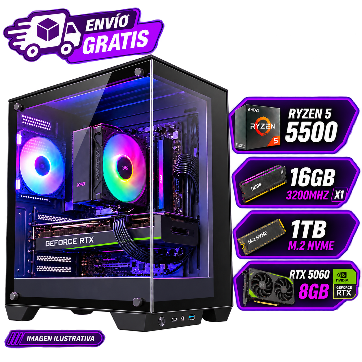 PC Gamer Armada Ryzen 5 5500 + RTX 5060 8GB | 16GB RAM | SSD NVMe 1TB | Windows 11 Pro
