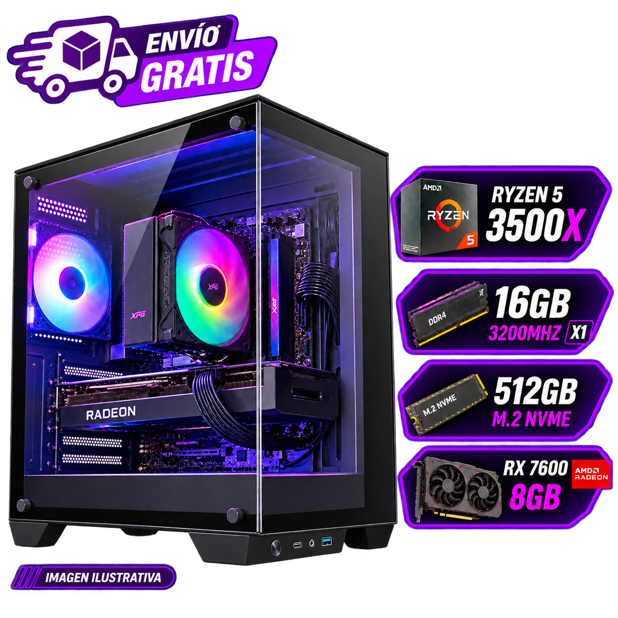 PC GAMER ARMADA RYZEN 5 3500X + RX 7600 8GB  16GB RAM  SSD NVME 512GB  WINDOWS 11 PRO