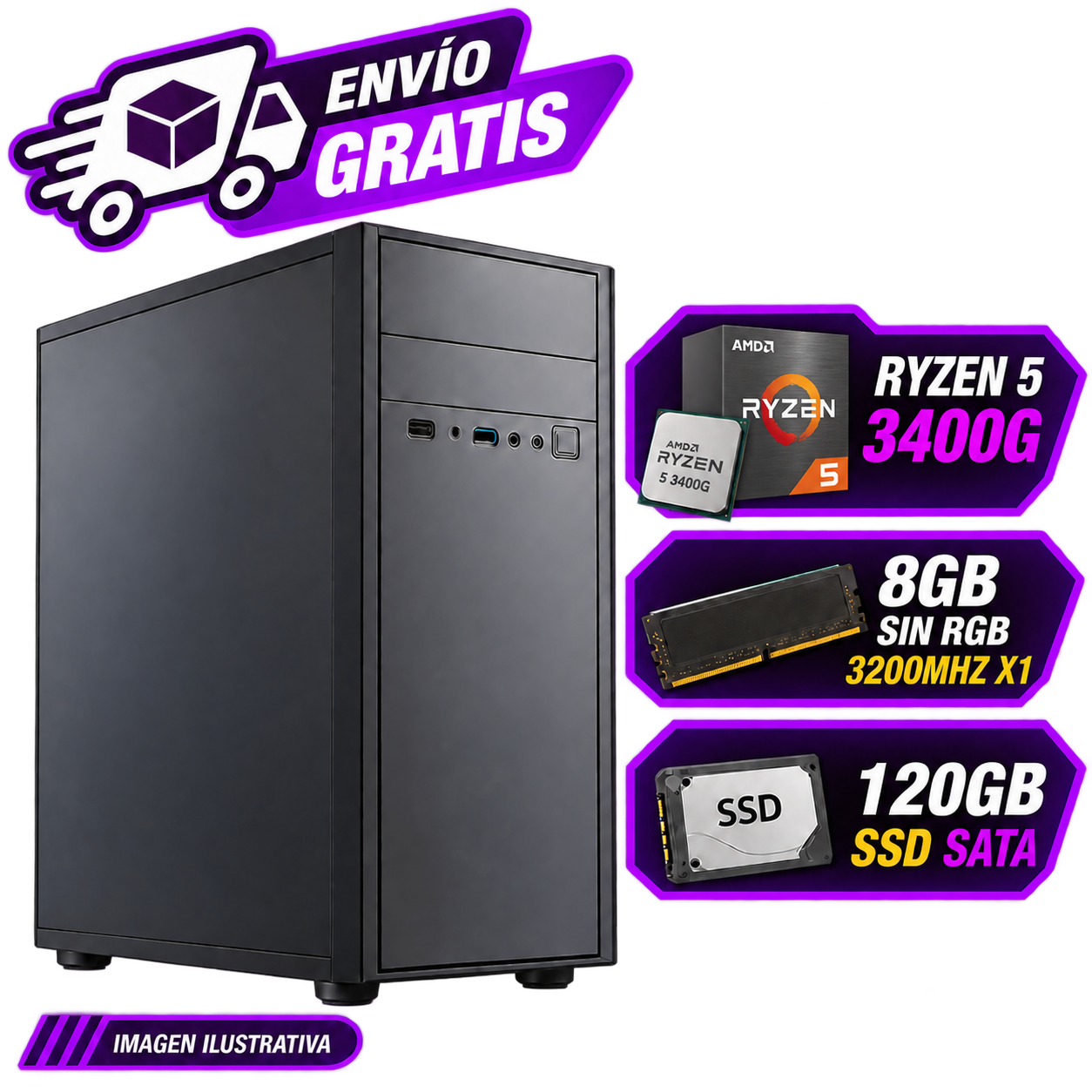 PC OFICINA/HOGAR ARMADA RYZEN 5 3400G  8GB RAM  SSD 120GB  WINDOWS 10 PRO