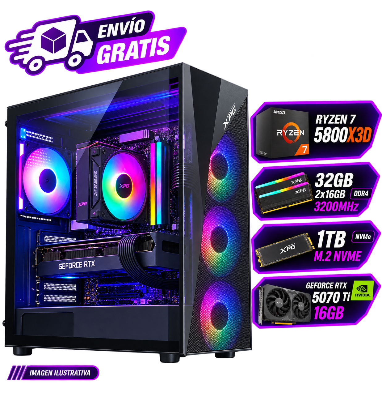 PC GAMER ARMADA RYZEN 7 5800X3D + RTX 5070 TI 16GB  32GB RAM  SSD NVME 1TB  WINDOWS 11 PRO