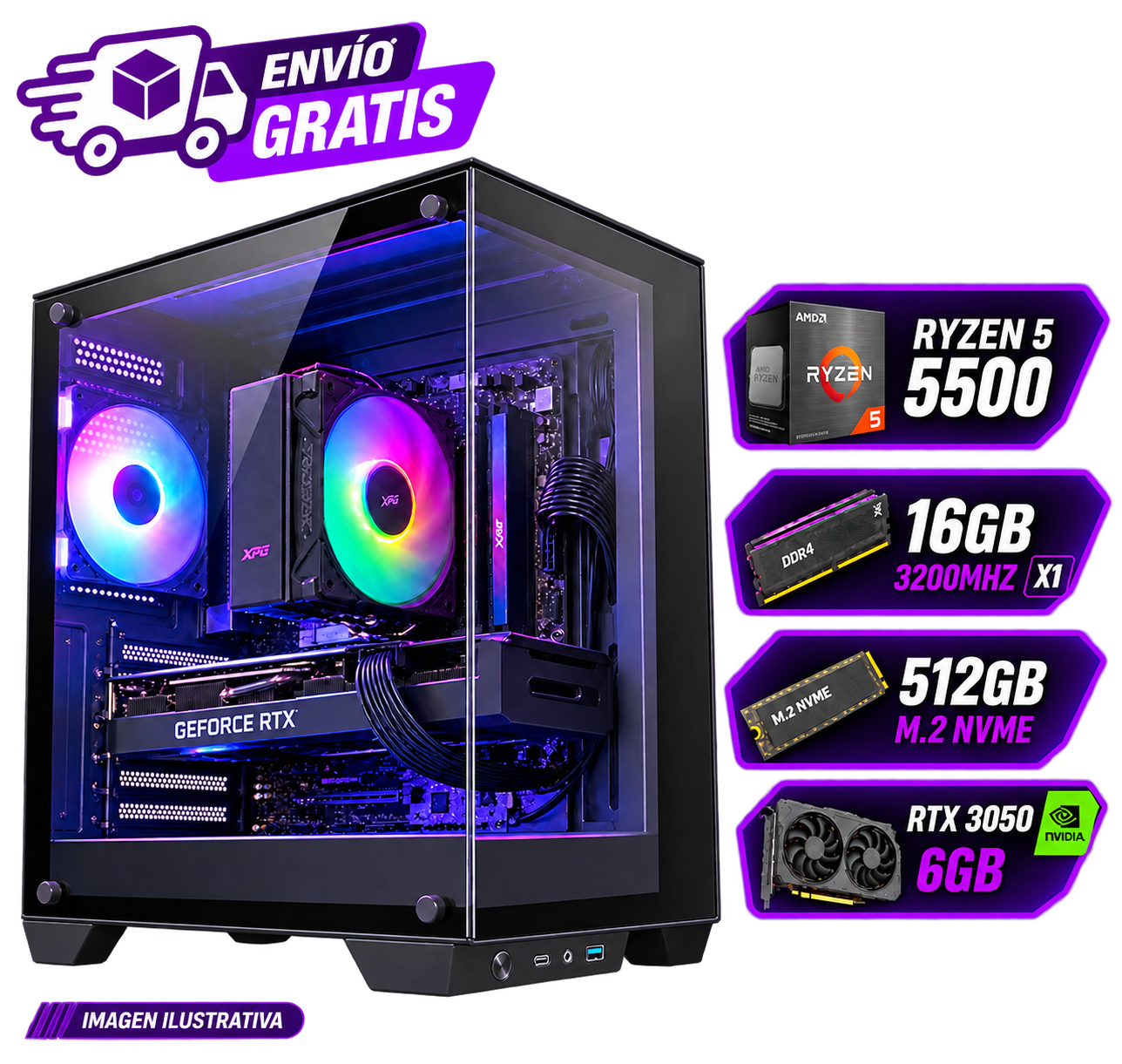 PC GAMER ARMADA RYZEN 5 5500 + RTX 3050 6GB  16GB RAM  SSD NVME 512GB  WINDOWS 11 PRO
