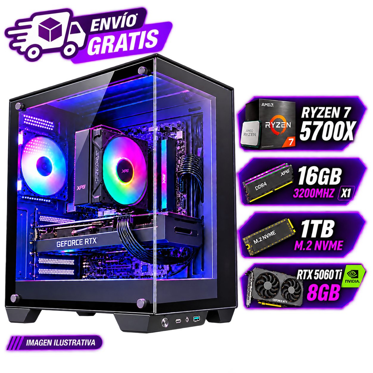 PC GAMER ARMADA RYZEN 7 5700X + RTX 5060 TI 8GB  16GB RAM  SSD NVME 1TB  WINDOWS 11 PRO