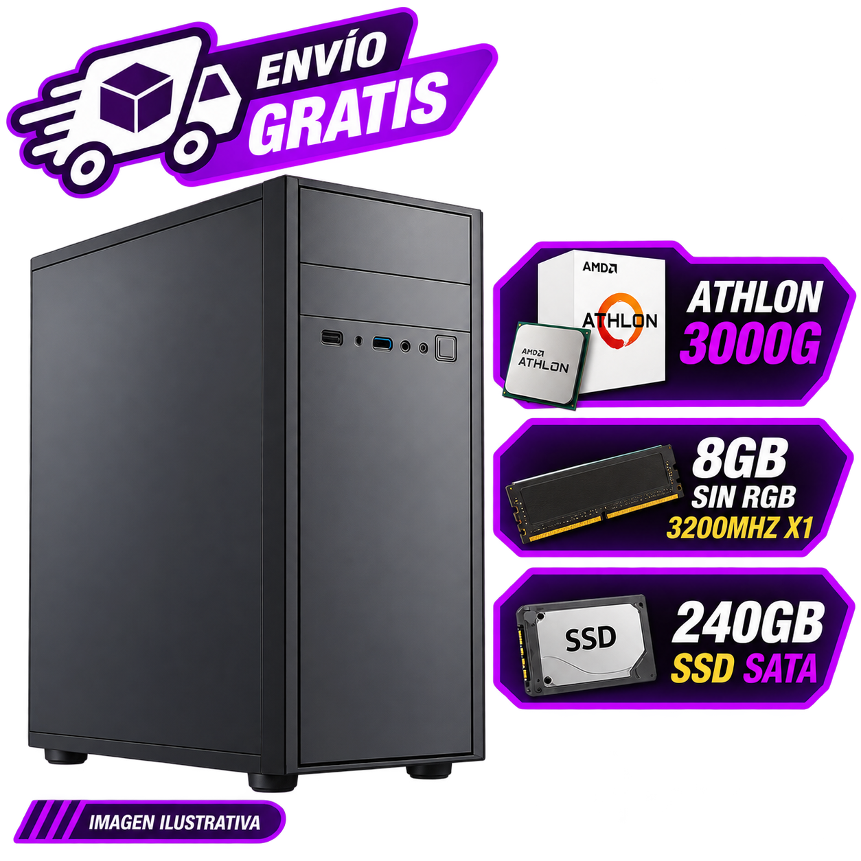 PC OFICINA/HOGAR ARMADA ATHLON 3000G  8GB RAM  SSD 240GB  WINDOWS 10 PRO