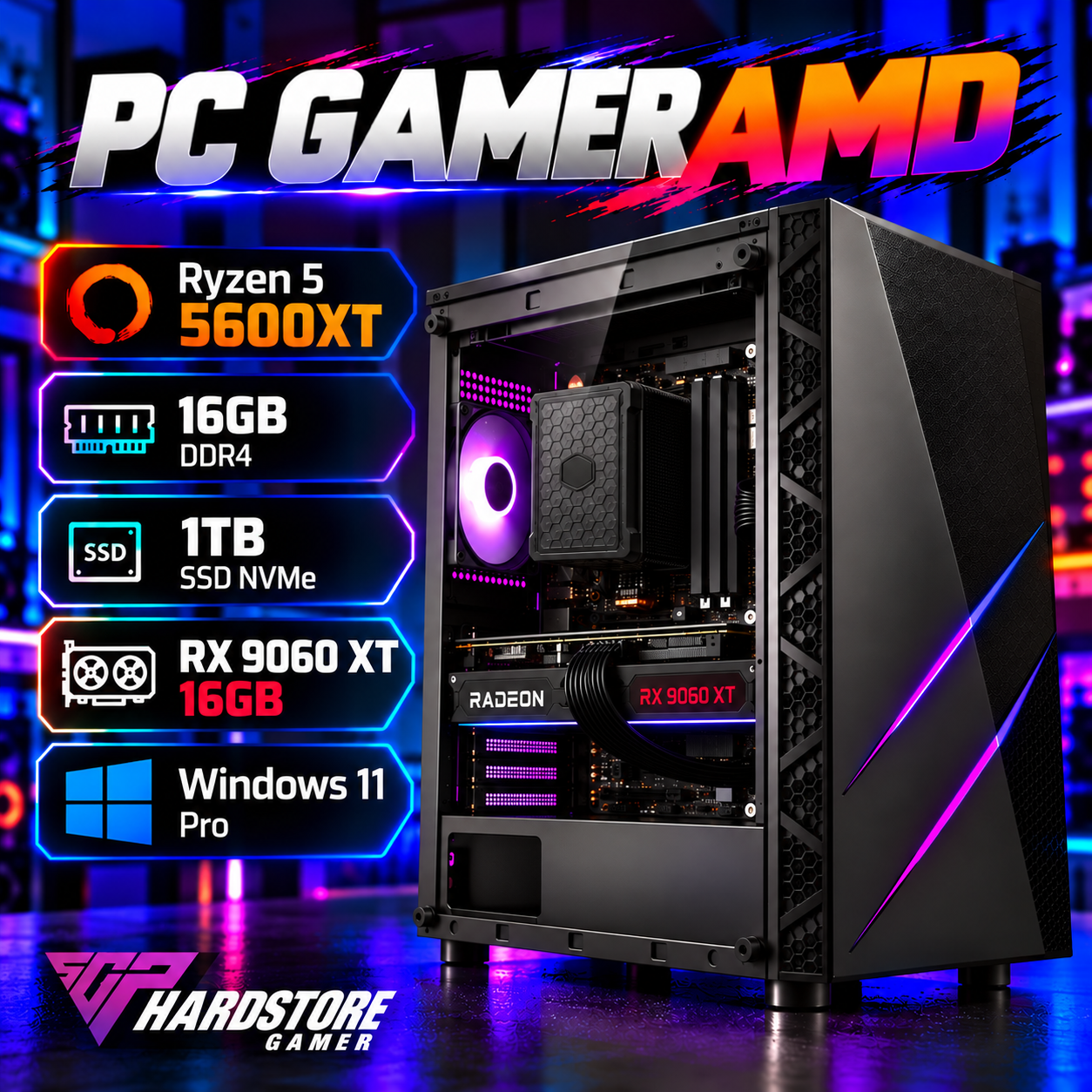 PC GAMER AMD Ryzen 5 5600XT + 16GB + 1TB SSD + RX 9060 XT 16GB – Windows 11 Pro