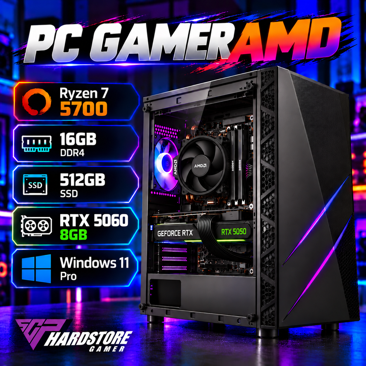 PC GAMER AMD RYZEN 7 5700 + 16GB + 512GB SSD + RTX 5060 8GB – WINDOWS 11 PRO