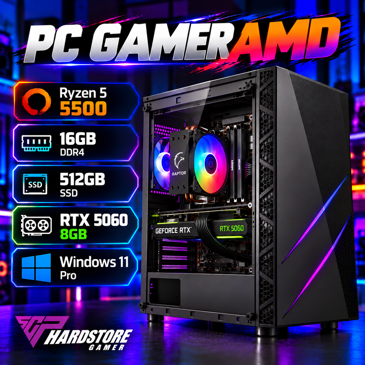 PC GAMER AMD RYZEN 5 5500 + 16GB + 512GB SSD + RTX 5060 8GB – WINDOWS 11 PRO
