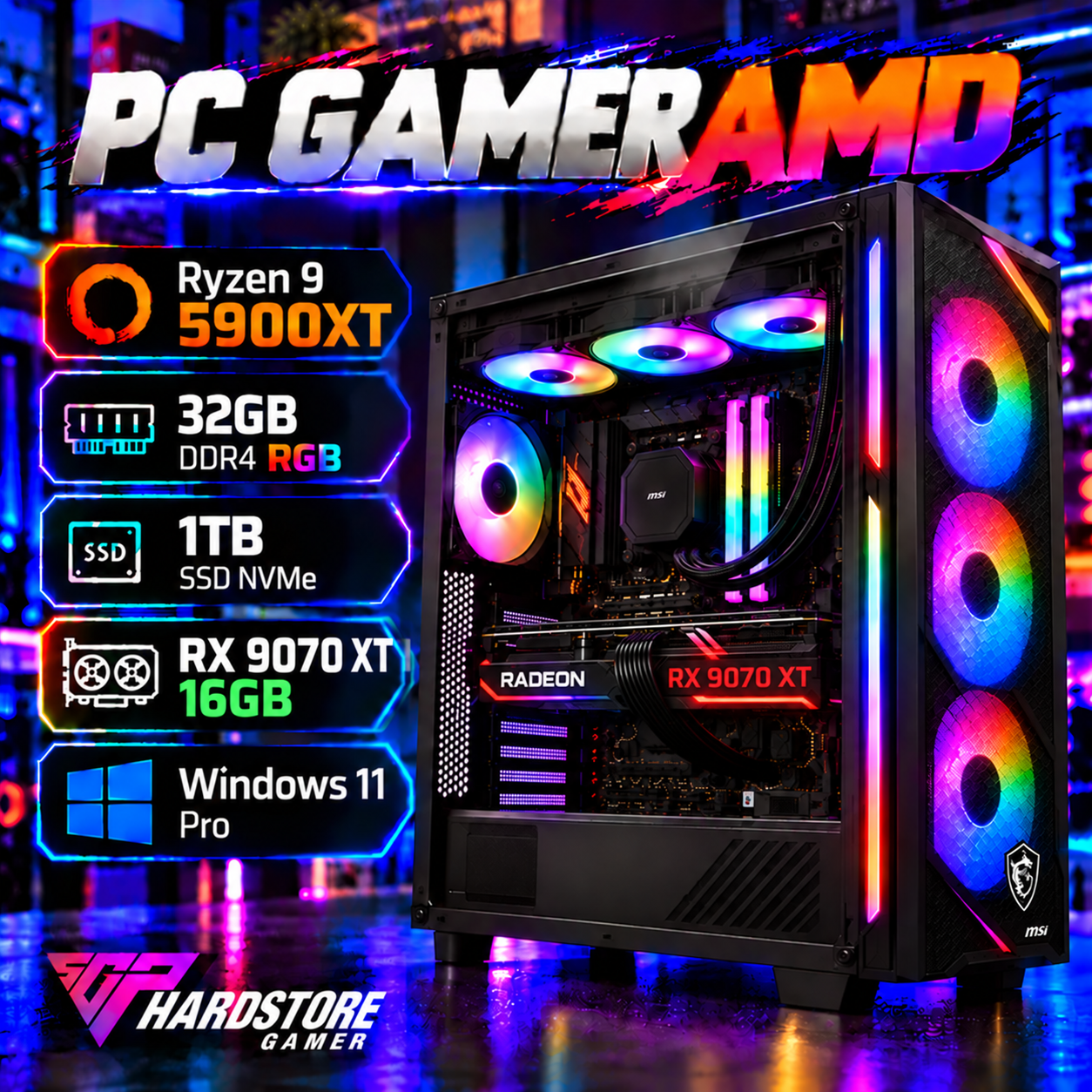 PC GAMER AMD Ryzen 9 5900XT + 32GB + 1TB SSD + RX 9070 XT 16GB – Windows 11 Pro