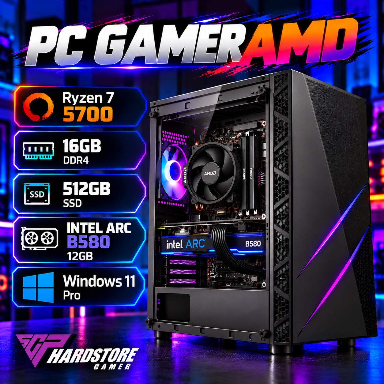 PC GAMER AMD Ryzen 7 5700 + 16GB + 512GB SSD + INTEL ARC B580 12GB – Windows 11