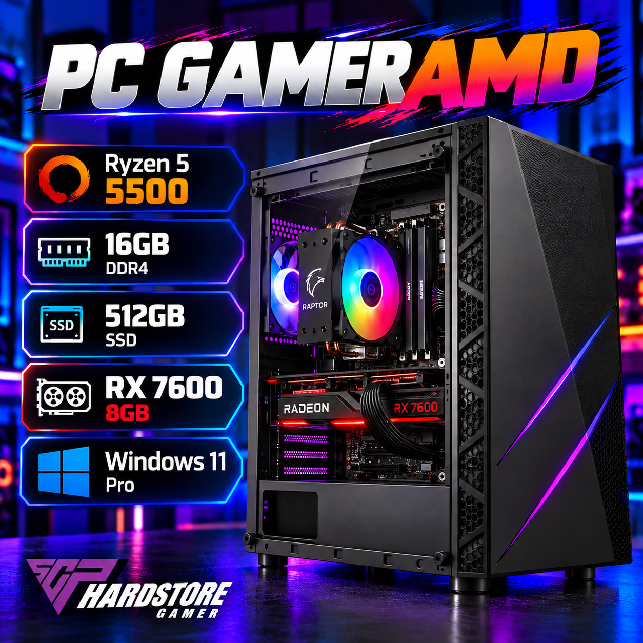 PC GAMER AMD RYZEN 5 5500 + 16GB + 512GB SSD + RX 7600 8GB – WINDOWS 11 PRO