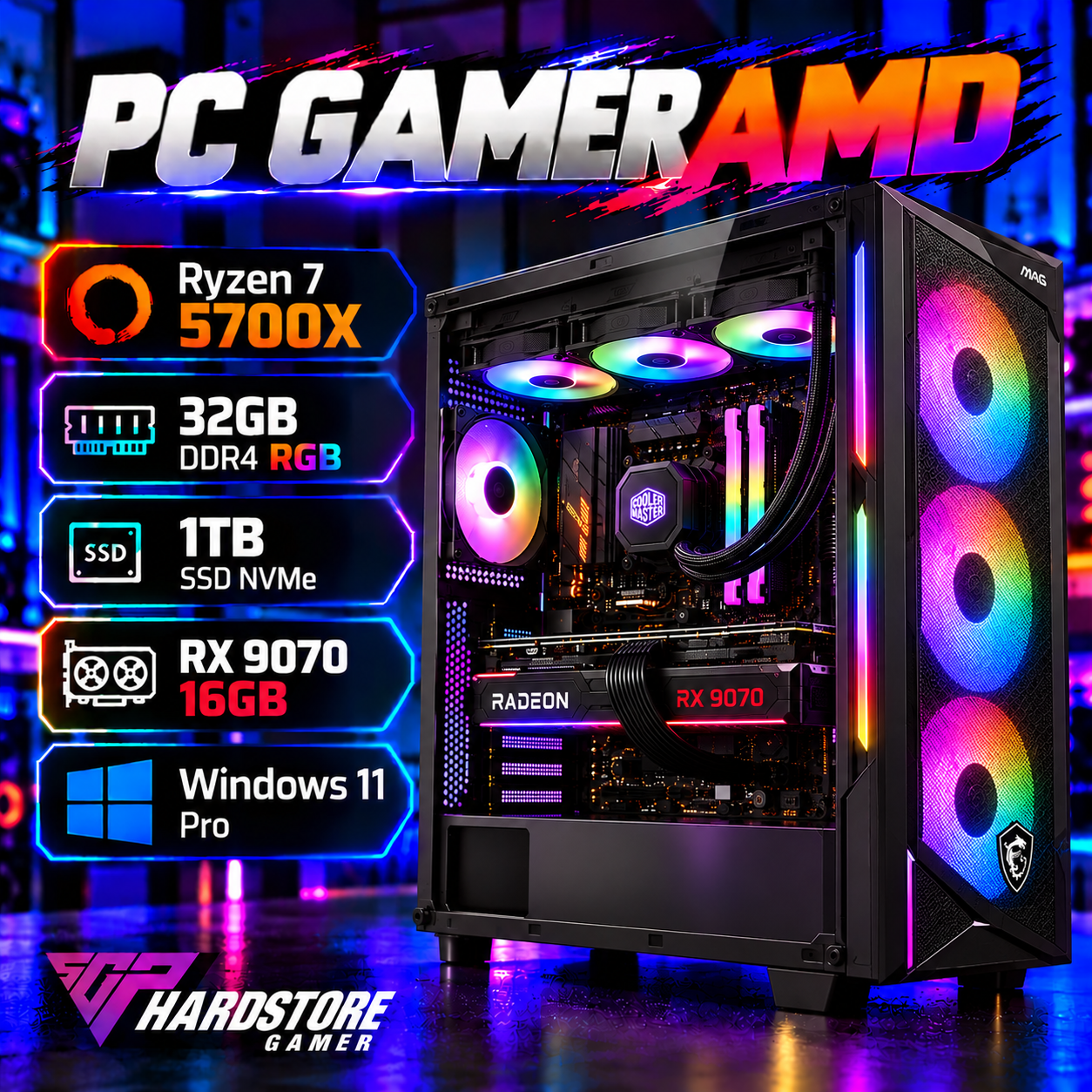 PC GAMER AMD Ryzen 7 5700X + 16GB + 1TB SSD + RX 9070 16GB – Windows 11 Pro