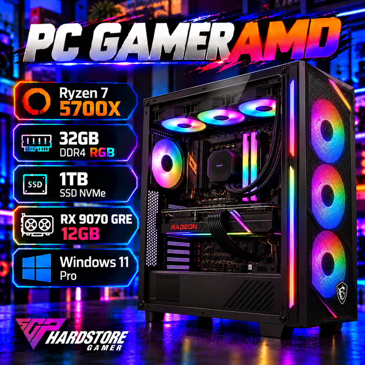 PC GAMER AMD Ryzen 7 5700X + 32GB + 1TB SSD + RX 9070 Gre 12GB – Windows 11 Pro