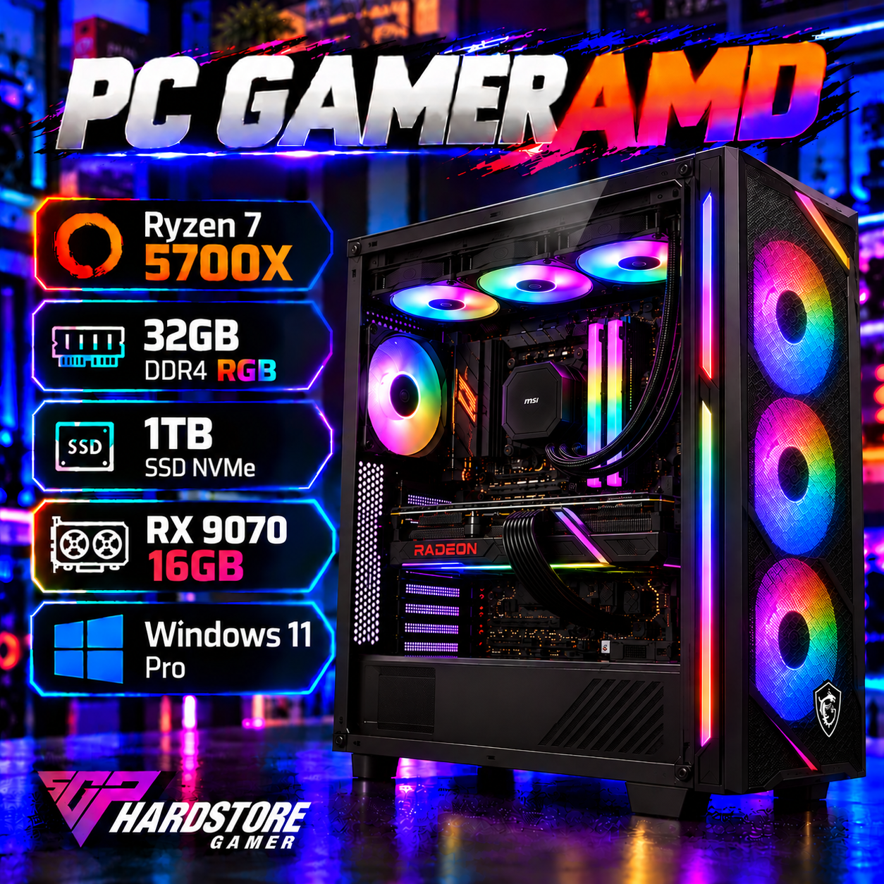 PC GAMER AMD Ryzen 7 5700X + 32GB + 1TB SSD + RX 9070 16GB – Windows 11 Pro