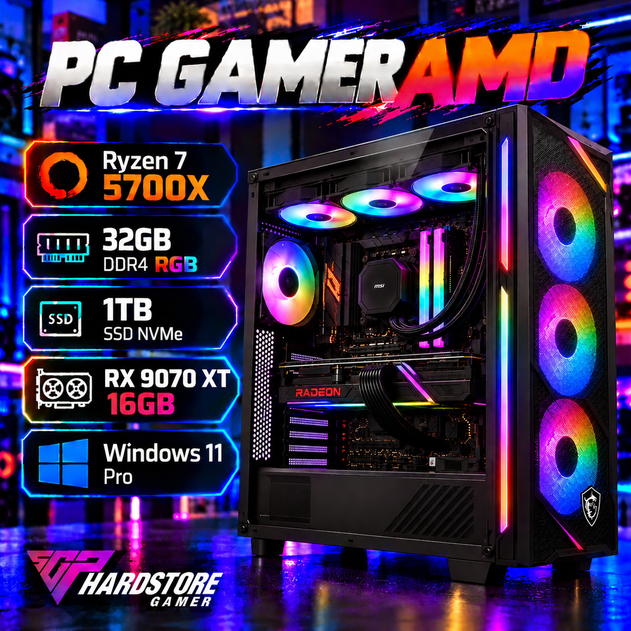 PC GAMER AMD Ryzen 7 5700X + 32GB + 1TB SSD + RX 9070 XT 16GB – Windows 11 Pro