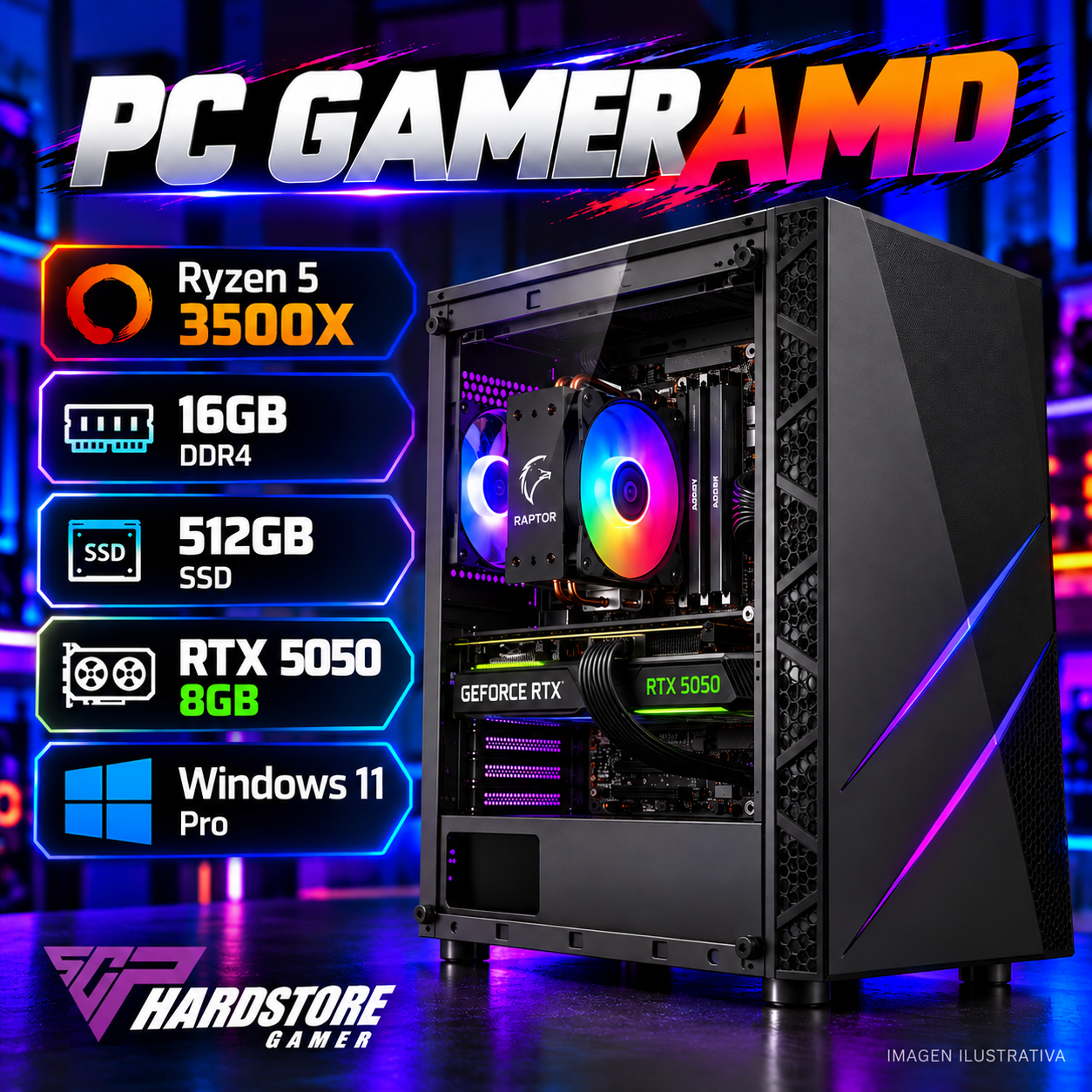 PC GAMER AMD Ryzen 5 3500X + 16GB + 512GB SSD + RTX 5050 8GB – Windows 11 Pro