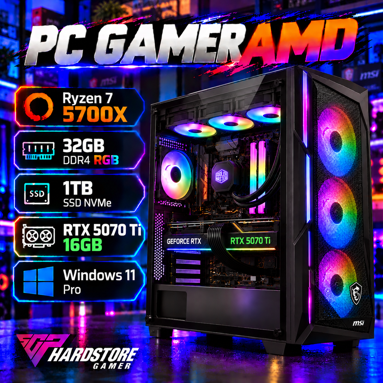 PC GAMER AMD Ryzen 7 5700X + 32GB + 1TB SSD + RTX 5070 Ti 16GB – Windows 11 Pro