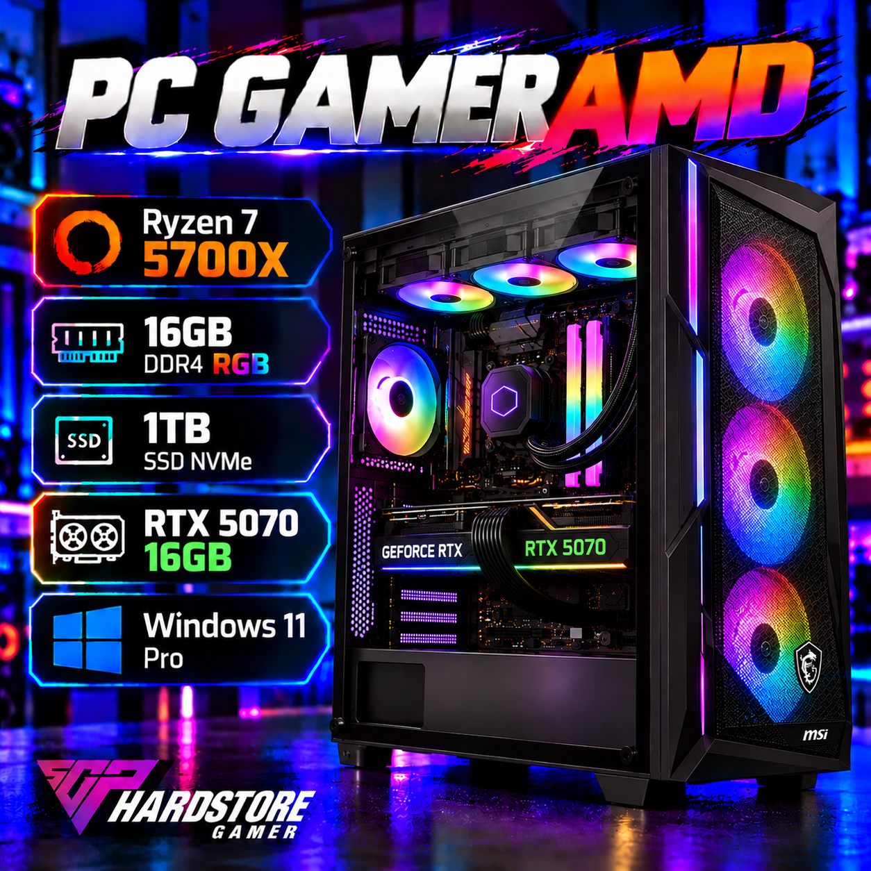 PC GAMER AMD Ryzen 7 5700X + 16GB + 1TB SSD + RTX 5070 12GB – Windows 11 Pro