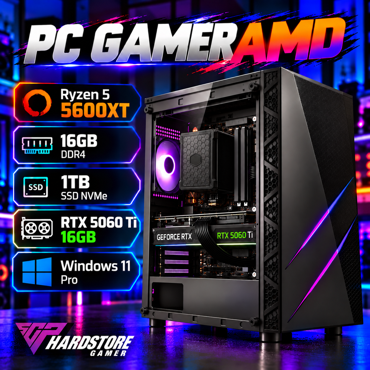 PC GAMER AMD Ryzen 5 5600XT + 16GB + 1TB SSD + RTX 5060 TI 16GB – Windows 11 Pro