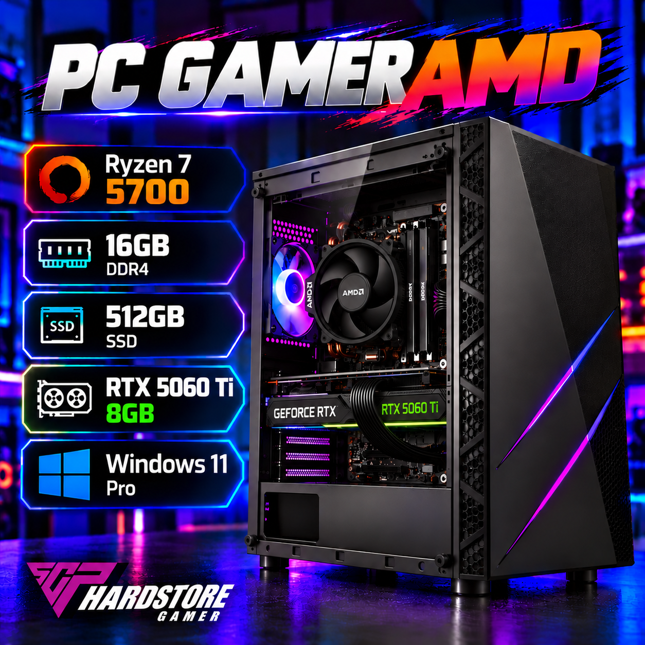 PC GAMER AMD RYZEN 7 5700 + 16GB + 512GB SSD + RTX 5060 TI 8GB – WINDOWS 11 PRO