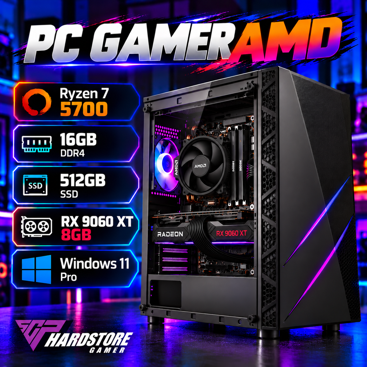PC GAMER AMD RYZEN 7 5700 + 16GB + 512GB SSD + RX 9060 XT 8GB – WINDOWS 11 PRO