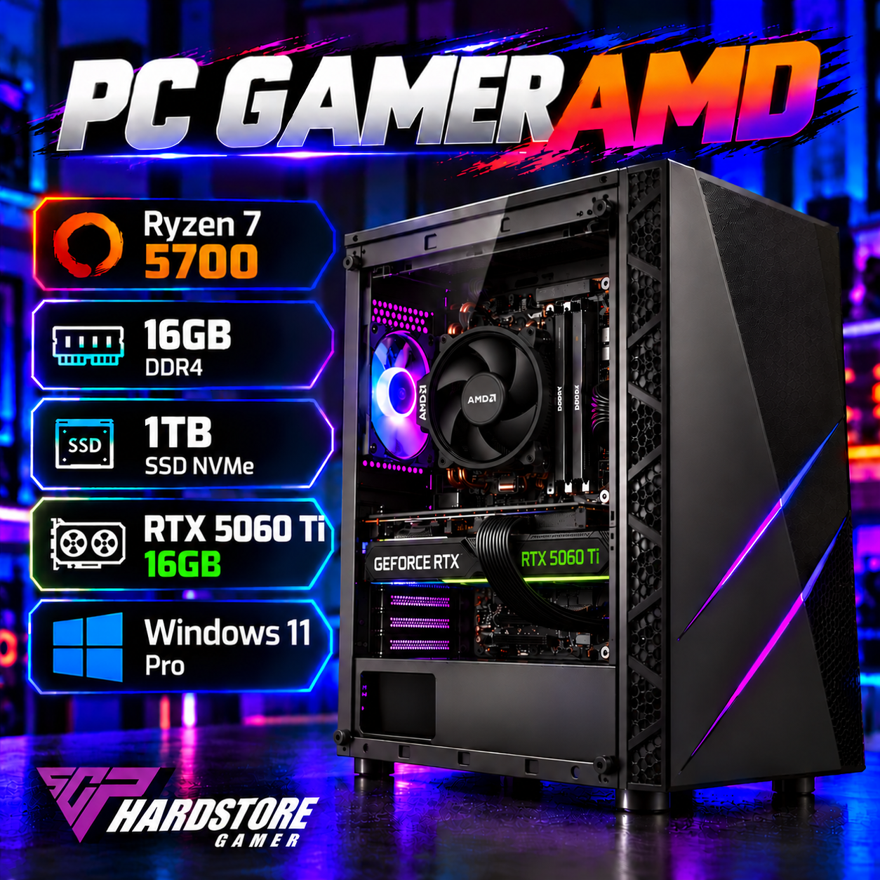 PC GAMER AMD RYZEN 7 5700 + 16GB + 1TB SSD + RTX 5060 TI 16GB – WINDOWS 11 PRO