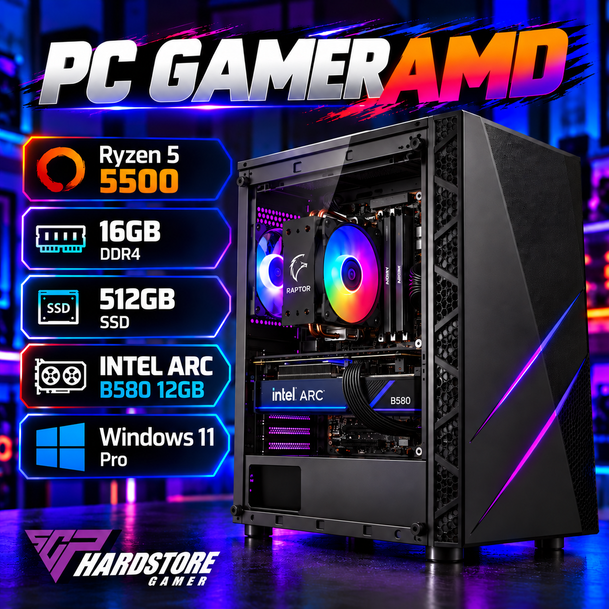 PC GAMER AMD Ryzen 5 5500 + 16GB + 512GB SSD + INTEL ARC B580 12GB – Windows 11 Pro