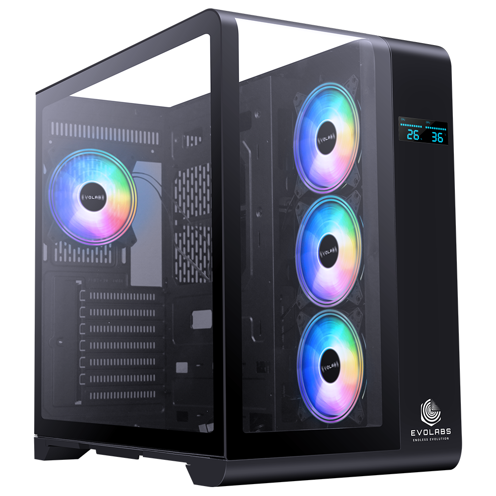 GABINETE GAMER EVOLABS SINERGY X4 FANS ARGB LCD DISPLAY CURVED ATX